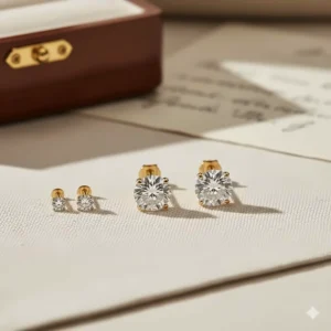 Lustrous 14k yellow gold diamond studs showing the warm metal tone and prong detail.