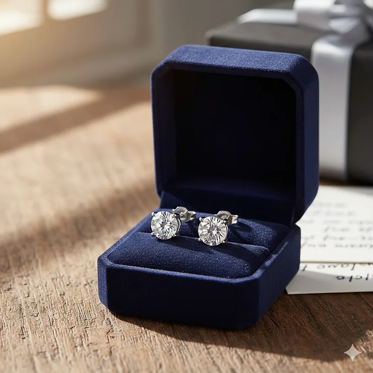 A pair of brilliant-cut affordable diamond studs under $500 presented in a luxury blue velvet jewelry box.