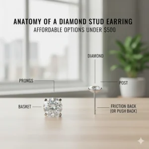 Labeled diagram showing the diamond, prongs, post, and backing of a standard stud earring.