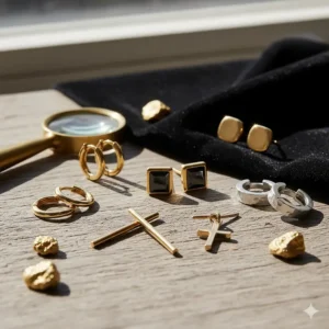 Best-selling gold earrings for men in various styles, including small hoops and diamond studs, designed for everyday wear.