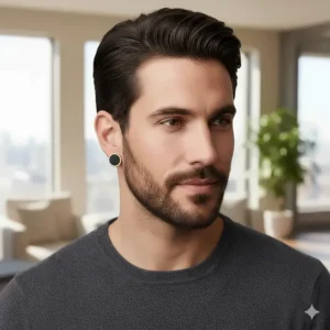 Matte black stud earrings for guys featuring a rim of shiny yellow gold, offering a modern contrast.