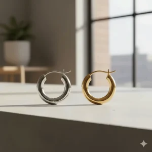 Side-by-side comparison of a silver hoop and a gold hoop earring to help customers choose their preferred metal color.