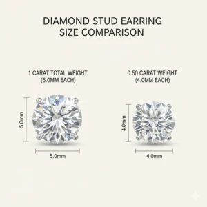 Side-by-side size comparison of 0.50 carat versus 1 carat diamond stud earrings.