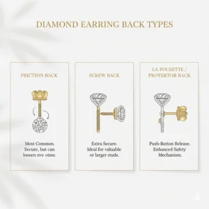 Different types of secure backings for the best diamond stud earrings including screw backs and friction backs.