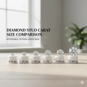 Comparison chart showing various carat sizes for diamond stud earrings available for less than $500.
