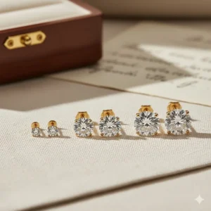 Side-by-side comparison of different carat weights for 14k gold diamond studs.