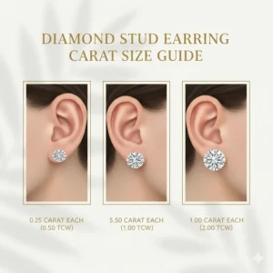 A scale chart showing how various diamond carat sizes look on an ear to find the best fit.