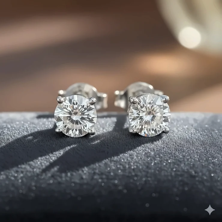 A pair of classic 1 carat total weight round cut diamond stud earrings set in 14k white gold four-prong baskets. diamond stud earrings 1 carat