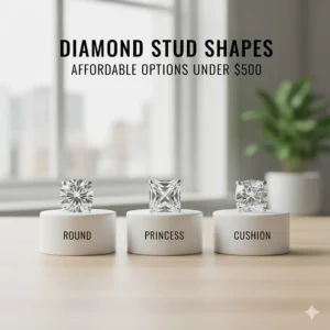 Visual guide to diamond shapes including round, princess, and cushion cuts for budget-friendly earrings.