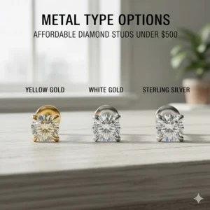 Illustration of affordable diamond studs under $500 in 14k white gold, yellow gold, and sterling silver settings.