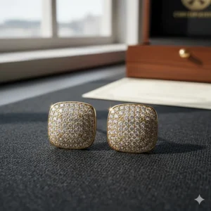 High-quality image of men's gold diamond earrings with a sophisticated pavé setting for maximum sparkle and brilliance.