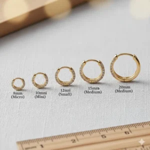 A size comparison chart showing various diameters of gold diamond huggie earrings.