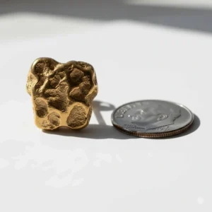 A pair of gold nugget earrings for men displayed inside the branded, luxury jewelry gift box, ready for presentation.