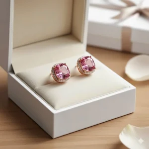 Rose gold gemstone earrings with pink tourmaline presented in a premium white jewelry gift box.
