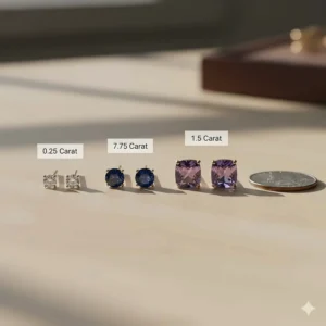 A scale comparison of different carat weights for gold gemstone earrings against a standard coin.