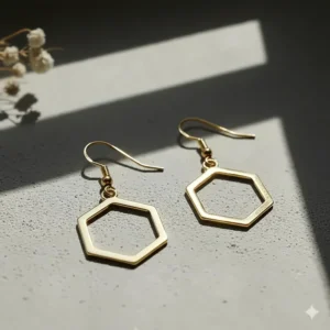 Modern gold drop earrings featuring a polished hexagonal geometric design.