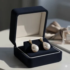 Luxury velvet jewelry box opening to reveal a pair of shimmering gold pearl earrings.