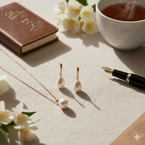 Flat lay photography of gold pearl earrings paired with a matching gold necklace.