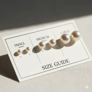 A size comparison of 6mm, 8mm, and 10mm gold pearl earrings on a display card.