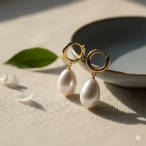Elegant 18k gold hoop earrings featuring dangling natural teardrop pearls.