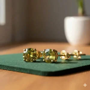 Small round-cut peridot stud earrings with 18k gold butterfly backings.