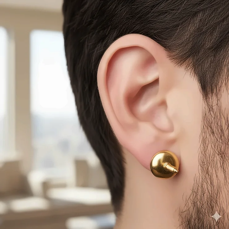 Detailed image showcasing the gold stud earrings for guys with a secure screw-back closure for comfort.