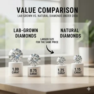Infographic comparing the size of lab-grown and natural diamonds available in studs under $500.