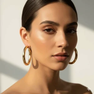 Model wearing large and stylish 10 karat gold hoop earrings to illustrate scale.