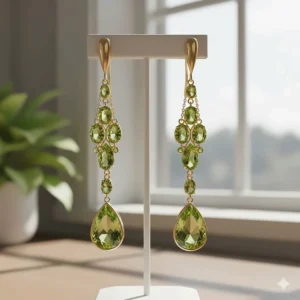 Elegant long-form gold drop earrings featuring multiple faceted peridot stones.