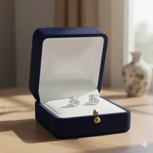 Illustration of a luxury velvet jewelry box containing a pair of 1 carat diamond stud earrings.
