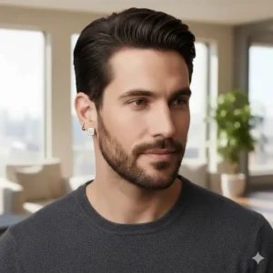 An example of men's earring stacking, pairing a gold stud with a small gold hoop in a second piercing.