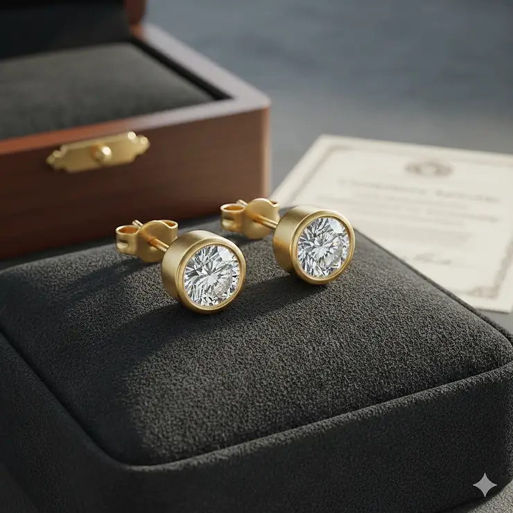 A pair of brilliant gold diamond earrings for men, featuring a round cut diamond set in a solid 14k yellow gold bezel, displayed against a dark velvet background.