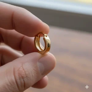 Detailed photo of a single 14k solid gold hoop earring highlighting the secure hinge clasp and polished finish.