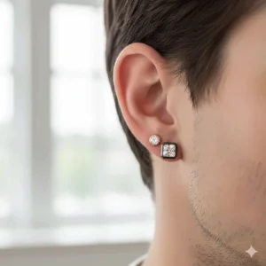 Unique black rhodium plated gold and rose gold diamond stud earrings for men with a square princess cut diamond.