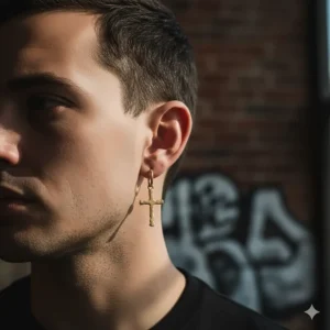 Edgy gold dangling earring for men with a small cross pendant, reflecting a bolder style choice.