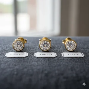 Comparison photo showing three different carat sizes (0.25, 0.50, and 1.0 ct) of gold diamond studs for men.