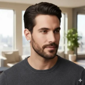 Lifestyle image of a man wearing premium diamond gold stud earrings, suitable for formal occasions.