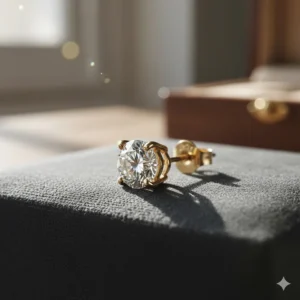 Detailed view of a round brilliant cut diamond in a four-prong setting on a gold earring for men.