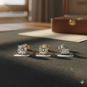 Collection showing popular diamond cuts for men's gold earrings: cushion, round, and baguette shapes.