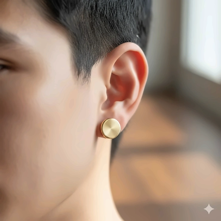 Close-up of a classic gold stud earring for men, featuring a secure screw-back post.