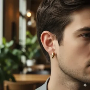 Example of a cuff-style gold hoop earring for men who prefer a non-pierced, comfortable fit.