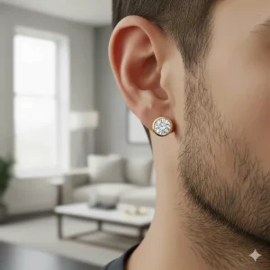 Close-up of a classic single diamond stud earring for men in bright yellow gold, worn by a male model.