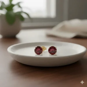 Minimalist round-cut garnet stones set in 18k yellow gold gemstone earrings for daily wear.