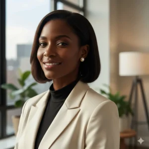 A woman wearing small gold pearl earrings styled with a modern professional outfit.