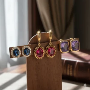 A collection of yellow gold gemstone earrings featuring sapphire, ruby, and amethyst stones.