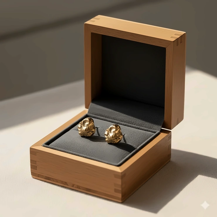 The complete pair of 10k gold nugget earrings displayed in their luxury gift packaging.
