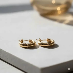 Product image of a pair of gold hoop earrings for men laid flat, emphasizing the quality and hinged closure mechanism.