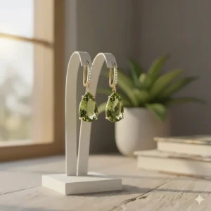 A pair of vibrant green peridot drop earrings set in 14k yellow gold hanging on a white display.