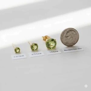 A scale comparison showing different carat sizes of peridot earrings in gold mounts next to a coin.