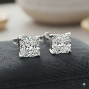 Illustration of square-shaped princess cut diamond stud earrings with 1 carat total weight.